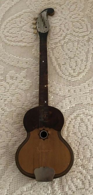 Antique Vintage Inlaid Wood Signed 4 String Instrument Parlor Guitar Tamburica
