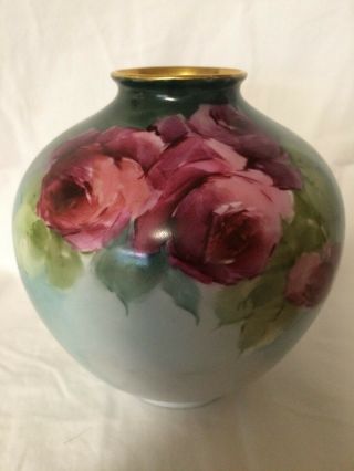 Antique Hand - Painted Vase - - Roses & Gilt Edged - - Unsigned