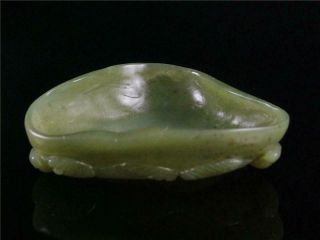 Fine Old Chinese Celadon Nephrite Jade Brush Washer Statue Lotus Leaf & Fish