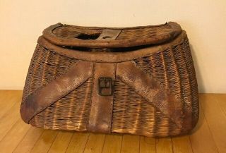 Antique/vintage Creel Fly Fishing Basket Brown Wicker Leather Wooden Tight Weave