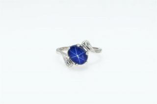 Antique 1960s 2ct Blue Star Sapphire Diamond 10k White Gold Ring