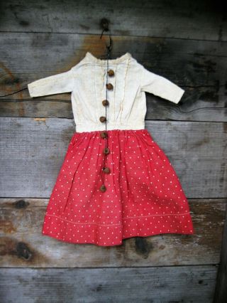 Early Antique Doll Dress Red & White Calico Treadle Machine Sewn