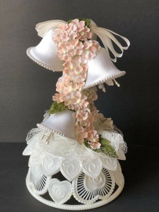Wedding Cake Topper Pink White Lace Vintage Pink Flower Bells