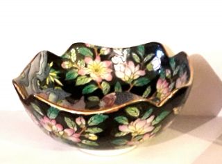Antique Chinese Famille Noire Black Bird Of Paradise Footed Bowl