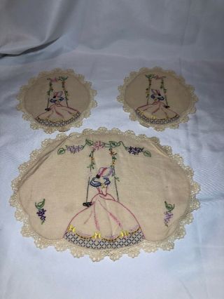 Vintage Hand Embroidered Doilie Centre Piece Duchess Set Lady On Swing