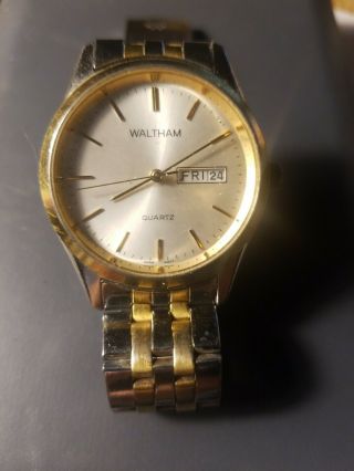 Waltham Watch Date Day Gold Silver Quartz Vintage Men 