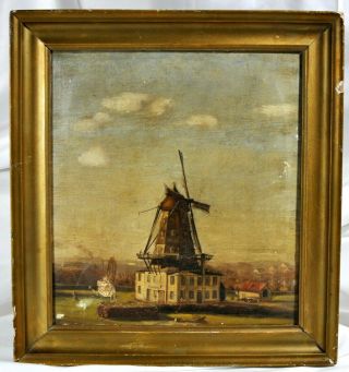 Charming Antique 19 Cent.  Oil On Canvas Windmill Landscape Painting