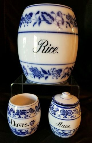 Antique Vintage Flow Blue Pottery Canister Set - Germany - Rice,  Cloves,  Mace W