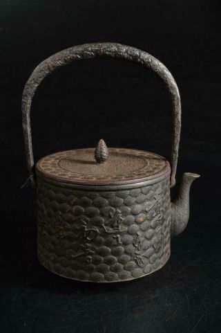 U1382: Japanese Xf Old Iron Pine Poetry Sculpture Tea Kettle Teapot Tetsubin