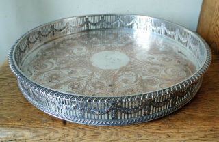 Vintage 1930s Sheffield Silver Plated Circular Pierced Gallery Tray 4 Dome Feet