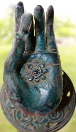 Buddha Mudra Hand Door Handle Knob Cast Bronze Verdigris Green Bali Art Left