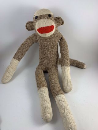Vintage Brown & Off White Red Heel Sock Monkey With Button Eyes