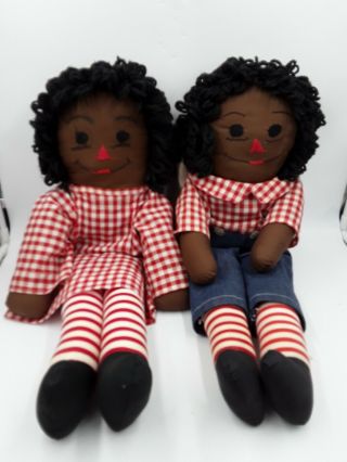 Vtg Raggedy Ann & Andy African American Hand Made Black Fabric Cloth Dolls 24