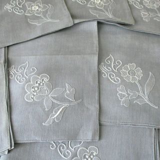 14 Vintage Linen 20 " Dinner Napkins Hand Embroidered Monogram Dove Grey