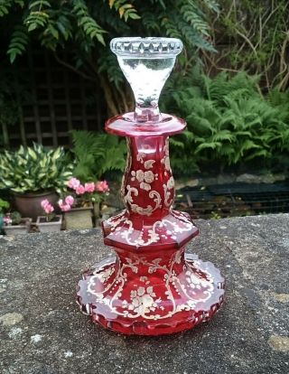 Antique Victorian Bohemian Moser Enamel Cranberry Glass Scent Perfume Bottle