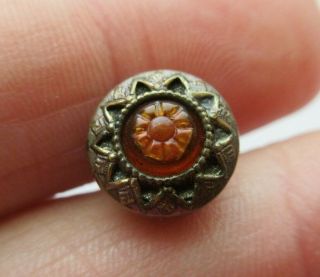 Gorgeous Small Antique Vtg Amber Glass In Metal Button Unique Design 1/2 " (n)