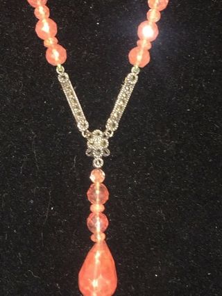Vintage Antique 16 " Pink Glass Bead,  Marcasite & Sterling Silver Dangle Necklace