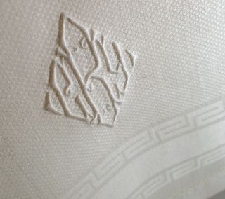 Antique Vtg White Damask Greek Key Linen Hand Embroidered Guest Towel Monogram