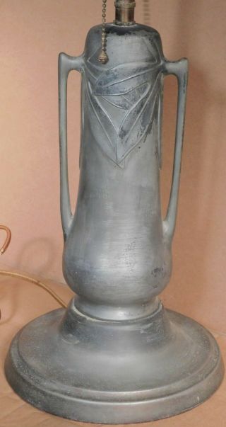 Antique Arts Crafts Zinc Metal Art Glass Lamp Base Reverse Painted Shade Leaded 4