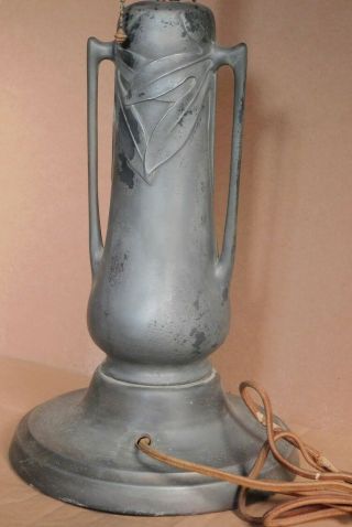 Antique Arts Crafts Zinc Metal Art Glass Lamp Base Reverse Painted Shade Leaded 5