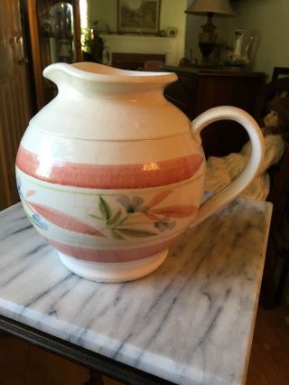 Large 14 Cup Pottery White Pitcher Painted Pink Blue Green Floral Band