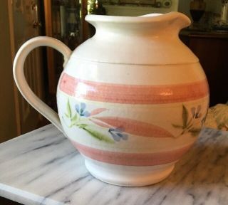 LARGE 14 Cup Pottery White Pitcher Painted Pink Blue Green Floral Band 2