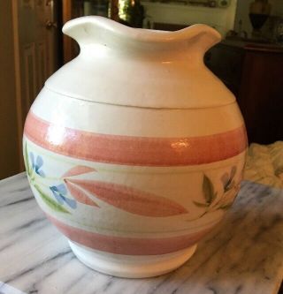 LARGE 14 Cup Pottery White Pitcher Painted Pink Blue Green Floral Band 3