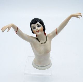 Antique 4” German Half Doll Pincushion - Porcelain Flapper Lady Arms Away,  Nr
