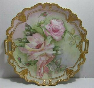 Antique Porcelain Cabinet Plate Pink Peonys Gold Gilt 11.  5 " Signed