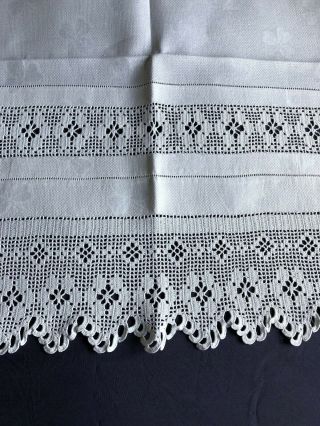 Vintage White Irish Linen Damask Huckaback Hand Towel Crocheted Edging