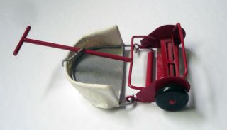 Vintage Dollhouse Miniature Metal Push Lawn Mower W/ Grass Catcher Great