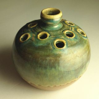 Wj Gordy Antique Gold - Blue - Green Flower Frog Vase Georgia Art Pottery