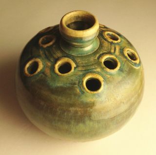 WJ Gordy Antique Gold - Blue - Green Flower Frog Vase Georgia Art Pottery 7