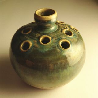WJ Gordy Antique Gold - Blue - Green Flower Frog Vase Georgia Art Pottery 8