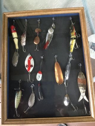 Vintage Wooden Fishing Lures In Wood Framed Shadow Box Estate Find 2