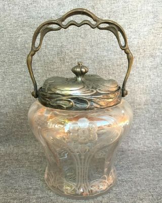 Big Antique Art Nouveau Cookie Jar France Silver Plated Metal Glass Early 1900 