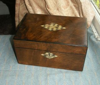 Old Antique Victorian Walnut Sewing Work Box Pearl Inlaid For Repair 1860