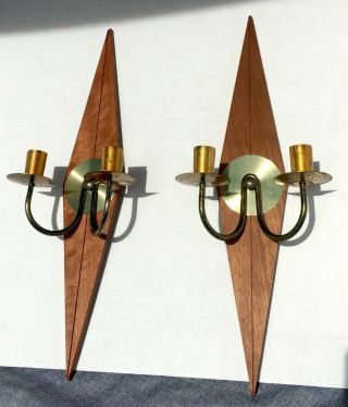 Vintage Mid - Century Modern Mod Diamond Wood Brass Wall Candle Sconce Pair