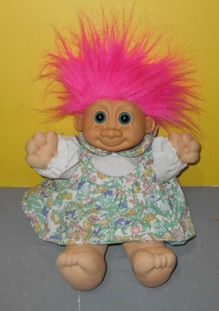 Older 13 " Russ Troll Doll Bright Pink Hair & Blue Eyes In Country Flower Dress