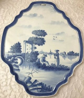19c Antique Delft Tin Glazed Faience Wall Plaque Plate Blue Hand Painted 15”
