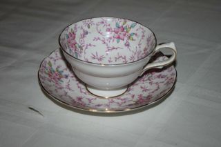 Vintage Footed Tea Cup And Saucer Made By Grosvenor Pink Vine And Flower