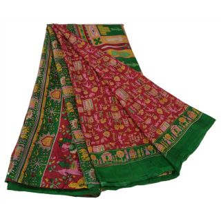 Sanskriti Antique Vintage Dark Red Saree Pure Silk Printed Craft Fabric Sari 2