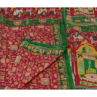 Sanskriti Antique Vintage Dark Red Saree Pure Silk Printed Craft Fabric Sari 5