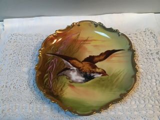 Antique Coronet Limoges Game Bird In Flight Wall Plate Gold/hand Painted/signed