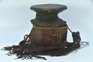 Buddhist Antique Tibet Tantrik Tibetan Kapala Leather Wooden Damaru,  Drum,  Nepal