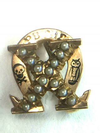 Collectible Antique 10k Seed Pearls Omega Phi Delta Owl Skeleton Pin.  2.  4gm.