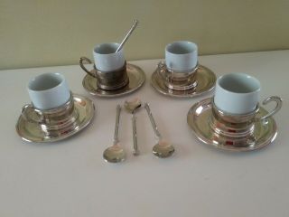 Vintage Silver Plate Espresso Demitasse Tea Cup Holder Saucer And Spoon Set Of 4