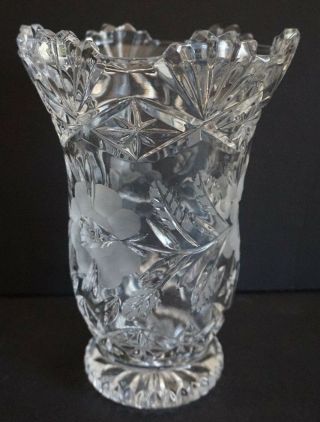 Large Pressed Cut Glass Crystal Vase Floral Flower 9in Tall Fans Bohemian Czech