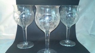 Set Of 3 Antique Crystal Wine Glasses - Etched Vertical Wheat & Dots Pattern