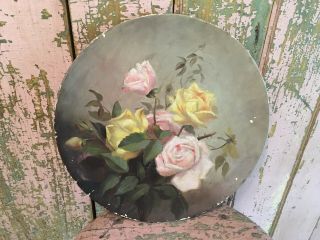 Antique Victorian Papier - Mâché Plate Oil Painting Pink & Yellow Roses H